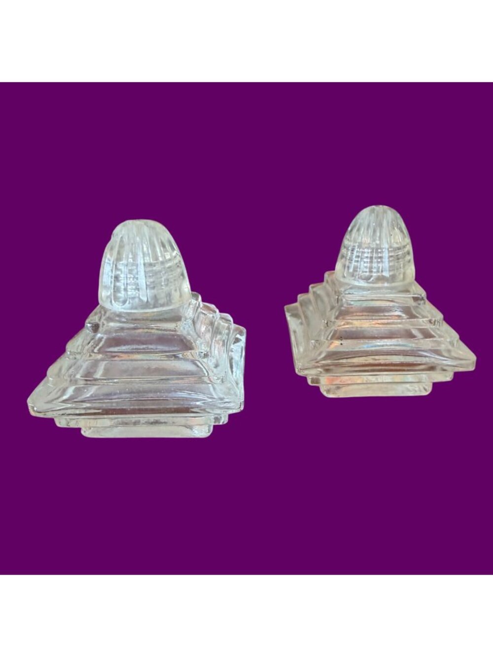 Vintage Clear Stepped Glass Art Deco Atomic Mini MCM Shakers